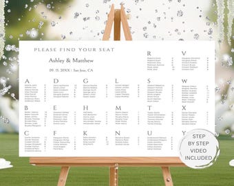 May include: A white seating chart on a wooden easel, with the names Ashley & Matthew and the date 09.15.20XX. The chart is divided into alphabetical sections with guest names. A sticker on the right says "STEP BY STEP VIDEO INCLUDED".