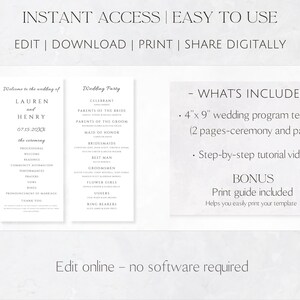 May include: A wedding program template with a minimalist design. The template includes sections for the wedding party, ceremony details, and a welcome message. The text reads "Instant Access, Easy to Use". The template is 4" x 9" and includes a print guide.