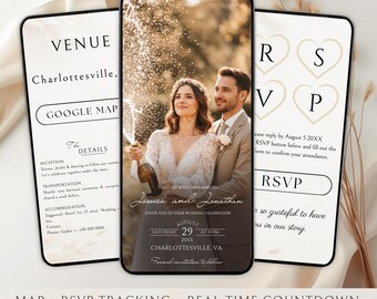May include: Digital wedding invitation displayed on three smartphones. The central phone shows a couple celebrating with champagne. The other screens display venue details and RSVP information. Text includes names, date, time, and location.