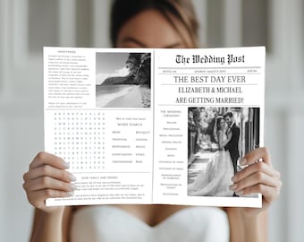 Modelo de programa de casamento em jornal, modelo de programa de jornal de casamento editável, programa de jornal de casamento para impressão
