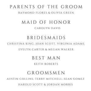 May include: A wedding party program with elegant script. The text includes roles such as Celebrant, Parents of the Bride/Groom, Maid of Honor, Bridesmaids, Best Man, Groomsmen, Flower Girls, Ushers, and Ring Bearers, with names listed.