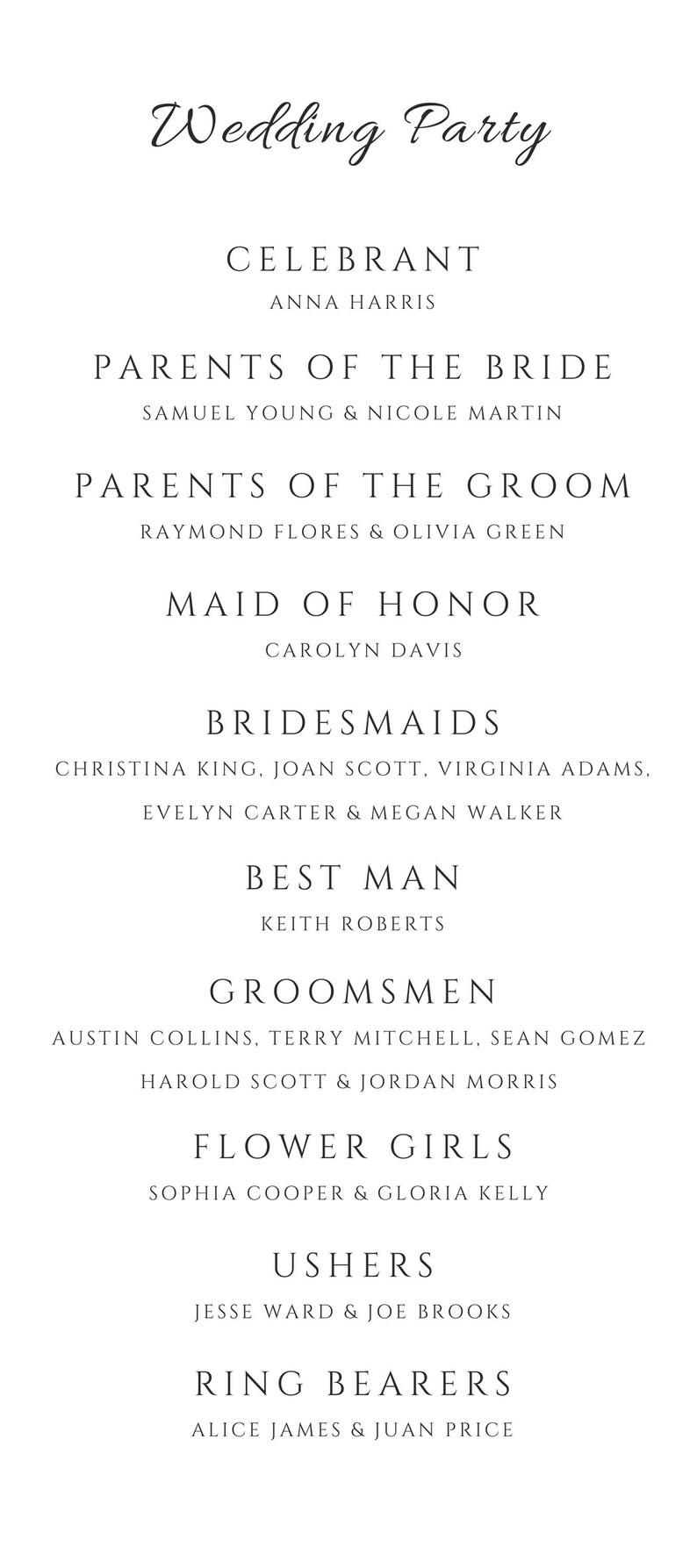 May include: A wedding party program with elegant script. The text includes roles such as Celebrant, Parents of the Bride/Groom, Maid of Honor, Bridesmaids, Best Man, Groomsmen, Flower Girls, Ushers, and Ring Bearers, with names listed.