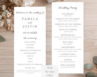 Order Of Service Wedding Program Template, Ceremony Program Template, Canva wedding program, Black And White Wedding Program