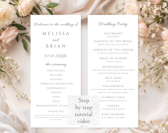 Elegante bruiloftsprogrammasjabloon Canva, minimalistisch bruiloftsprogramma, order of service trouwprogramma, klassiek bruiloftsprogrammasjabloon,