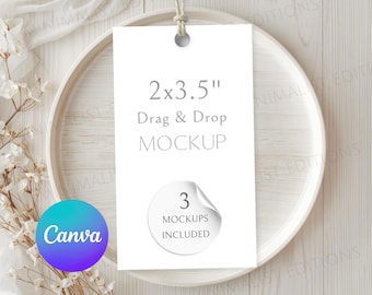 Mockup voor dooplabel, labelmodel babyshower, mockup met rechthoekige tag, canvas, tagmodel van 2 x 3,5, mockup met cadeaulabel, mockup met danklabel