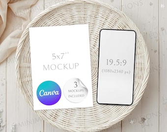 Mockup uitnodiging en telefoon, canvas uitnodigingsmodel, 5 x 7 mockup, mockup met slepen en neerzetten, mockup telefoonscherm, mockup digitale uitnodiging