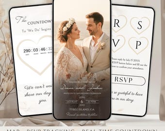 May include: Three smartphone screens displaying wedding invitation details. The central screen shows a couple, with text indicating the date, time, and location. The other screens show a countdown and RSVP information. The bottom text reads: MAP. RSVP TRACKING. REAL-TIME COUNTDOWN.