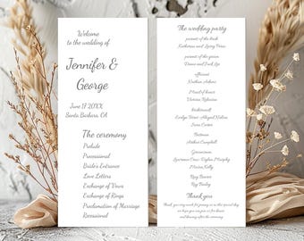 編集可能な結婚式プログラム テンプレート、モダンな結婚式プログラム テンプレート、ミニマリスト結婚式プログラム、印刷可能な式典プログラム