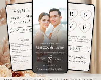May include: A digital wedding invitation on a smartphone screen. The invitation features a photo of a couple, with text including names, date, and location. Additional screens show venue details and RSVP information.
