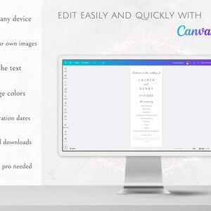 May include: A computer monitor displays a wedding program template with the names Lauren and Henry. The screen shows options to edit text, change colors, and upload images. Text on the screen says "Edit easily and quickly with Canva."
