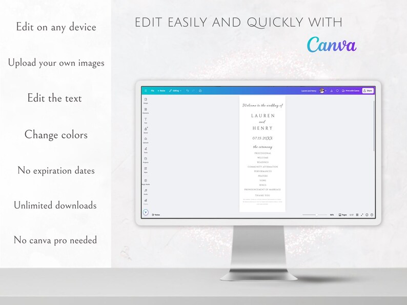 May include: A computer monitor displays a wedding program template with the names Lauren and Henry. The screen shows options to edit text, change colors, and upload images. Text on the screen says "Edit easily and quickly with Canva."