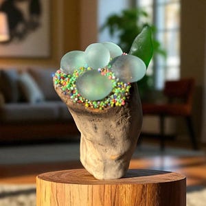 Driftwood Flower Sculpture: Handmade Sea Glass Floral Art