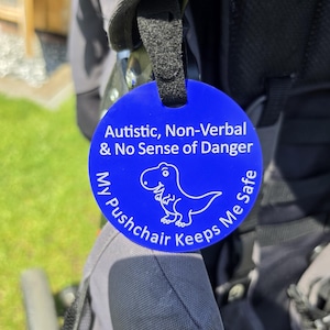 Autistisk icke-verbal barnvagnsetikett, dinosauriedesign, medvetenhet om dold funktionsnedsättning