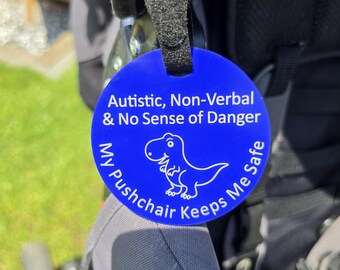 Autistic Non-Verbal Pushchair Tag, Dinosaur Design, Hidden Disability Awareness