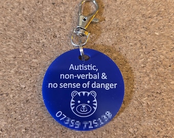 Personalised Animal Keyrings Badges for all needs, disabilities + illnesses. Add contact info for safety. Ideal for bags, lanyards & clothes
