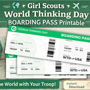 Tarjeta de embarque imprimible para el Día Mundial del Pensamiento / Actividad para tropa de Girl Scouts, descarga editable