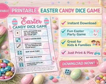 Påsk godis tärningsspel, barnkalasaktivitet, familjekul (utskrivbar)