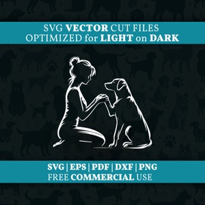 Könnte beinhalten: Eine schwarz-weiße Silhouette einer Person, die kniet, und eines Hundes, der sitzt und sich gegenüberstehen. Das Bild ist vor einem Hintergrund aus sich wiederholenden Silhouetten von Hunden und Pfotenabdrücken.