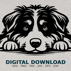 May include: Black and white silhouette of a dog's head peeking over a surface. The dog has a fluffy coat and a cute, playful expression.