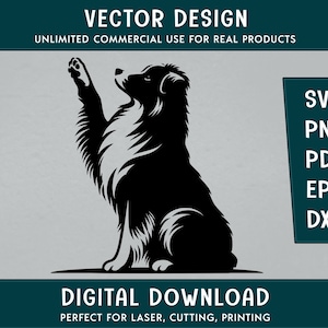 Puede incluir: Silueta en blanco y negro de un perro sentado con la pata levantada. El perro está mirando hacia el lado izquierdo de la imagen. La imagen está etiquetada como "VECTOR DESIGN" y "DIGITAL DOWNLOAD".