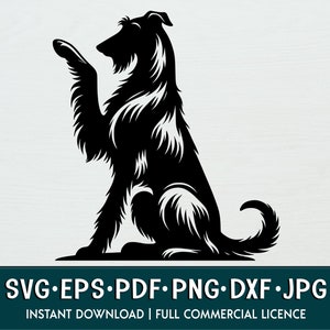 Könnte beinhalten: Schwarz-weiße Silhouette eines sitzenden Hundes mit erhobenem Pfote. Der Hund blickt nach links. Der Hund hat einen langen, buschigen Schwanz.