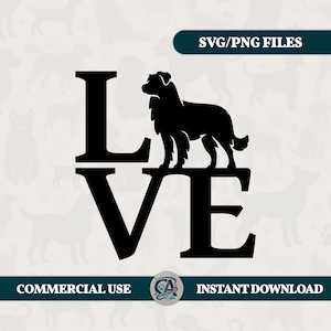 Peut inclure: Silhouette noire d'un chien debout sur le mot « LOVE ». Le chien est de race Border Collie ou Berger australien. L'image est destinée à un usage commercial et est un téléchargement instantané.