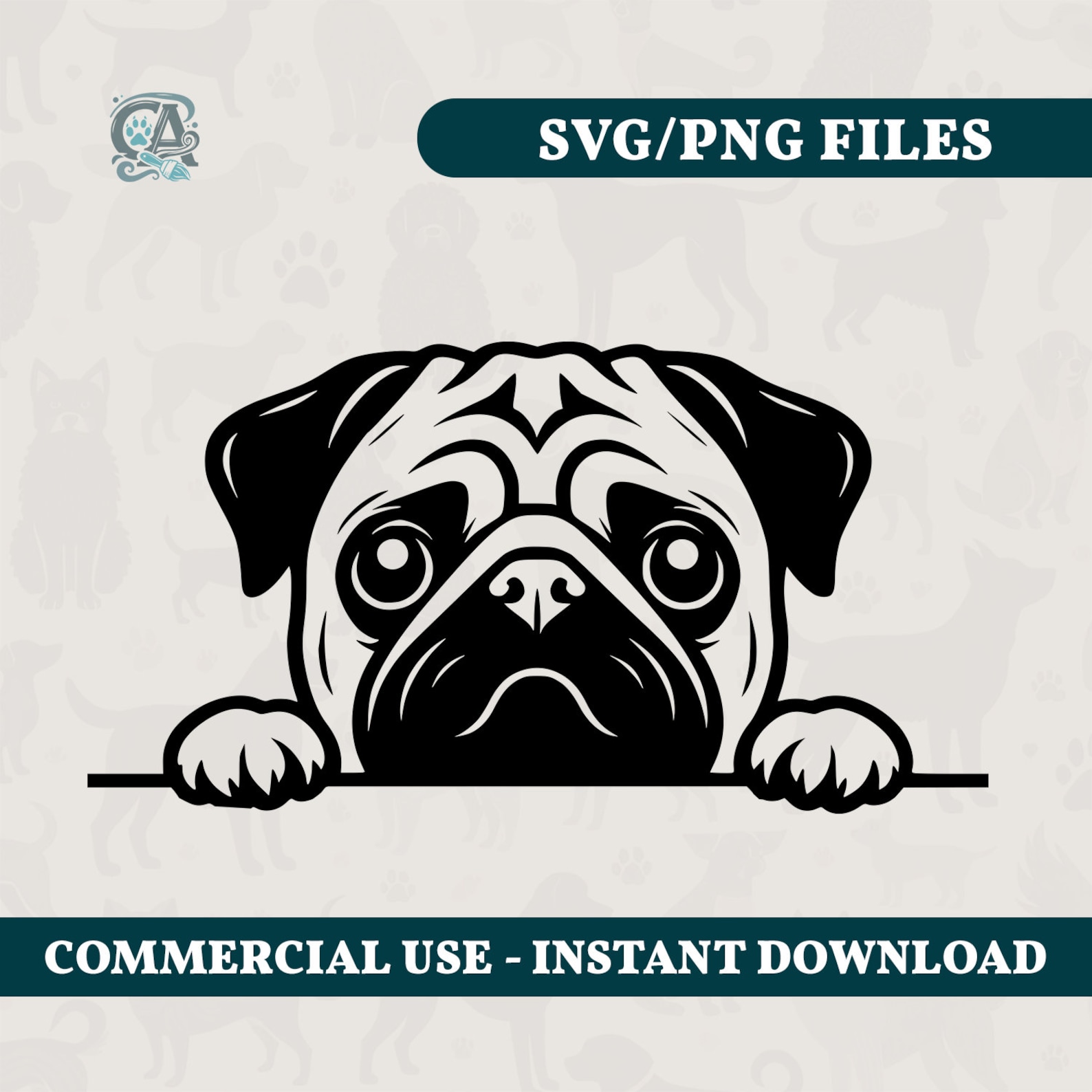 Peeking Pug Mops Dog SVG PNG Silhouette Clipart Instant Download Vector ...