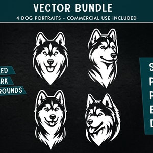 Könnte beinhalten: Vier schwarz-weiße Vektorillustrationen von Husky-Hunde-Köpfen. Die Hunde-Köpfe sind in verschiedene Richtungen gerichtet. Die Illustrationen sind für dunkle Hintergründe optimiert. Der Text "VECTOR BUNDLE" und "4 DOG PORTRAITS - COMMERCIAL USE INCLUDED" befindet sich oben im Bild. Der Text "SVG, PNG, PDF, EPS, DXF" befindet sich rechts im Bild. Der Text "OPTIMIZED FOR DARK BACKGROUNDS" befindet sich links im Bild.