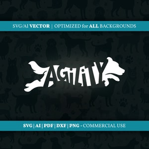 May include: White silhouette of a dog with the word "Agility" spelled out using the dog's body parts. The background is a dark gray pattern of various dog silhouettes.