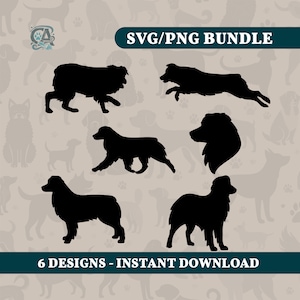 May include: Six black silhouette designs of Australian Shepherd dogs in various poses. The text "SVG/PNG BUNDLE" and "6 DESIGNS - INSTANT DOWNLOAD" are at the top and bottom of the image.