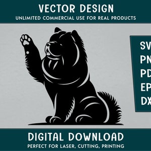 May include: Black and white silhouette of a Chow Chow dog sitting with its paw raised. The dog is facing the left side of the image.