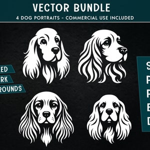 Könnte beinhalten: Vier schwarz-weiße Silhouette-Illustrationen von Cocker Spaniel-Hunde-Köpfen. Die Köpfe der Hunde sind in verschiedene Richtungen gerichtet. Die Illustrationen sind für dunkle Hintergründe optimiert. Der Text "SVG, PNG, PDF, EPS, DXF" befindet sich in der unteren rechten Ecke des Bildes.