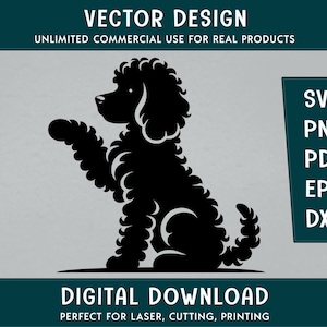 Puede incluir: Silueta negra de un caniche sentado con la pata levantada. El perro está mirando hacia la izquierda. La imagen es adecuada para cortar, imprimir y cortar con láser.
