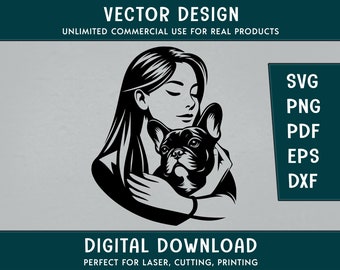 May include: Black and white vector illustration of a woman holding a French bulldog. The woman has long hair and is looking down at the dog. The dog is looking up at the woman.
