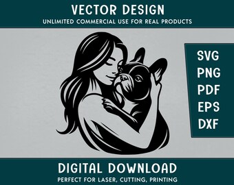 May include: Black and white vector illustration of a woman holding a French Bulldog. The woman is looking down at the dog, and the dog is looking up at the woman. The image is perfect for use in a variety of projects, such as t-shirts, mugs, and phone cases.