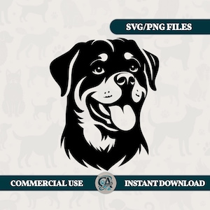 Könnte beinhalten: Schwarz-weiße Silhouette eines Rottweiler-Kopfes mit herausgestreckter Zunge. Der Hund schaut nach rechts.  SVG/PNG-DATEIEN. KOMMERZIELLE NUTZUNG. SOFORTIGER DOWNLOAD.