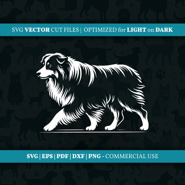 Australian Shepherd Walking Aussie Vector SVG PNG Design Clipart Silhouette Cut File with Commercial License Instant Download