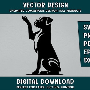 Puede incluir: Silueta en blanco y negro de un perro boxer sentado con la pata levantada en el aire.