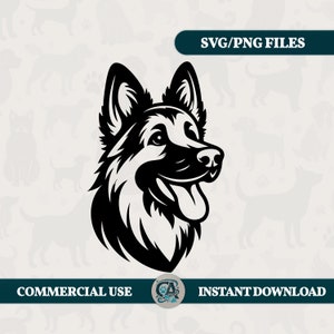 May include: Black and white silhouette of a German Shepherd dog's head with its tongue sticking out. The dog is looking to the right.  SVG/PNG FILES. COMMERCIAL USE. INSTANT DOWNLOAD.