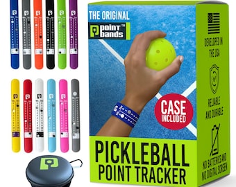 Könnte beinhalten: Das Produktbild zeigt ein Pickleball-Punkt-Tracker-Set. Das Set enthält eine Vielzahl farbiger Punktbänder, eine Tragetasche und eine Box. Auf der Box steht "Pickleball Point Tracker" und "Case Included". Die Bänder sind in verschiedenen Farben.