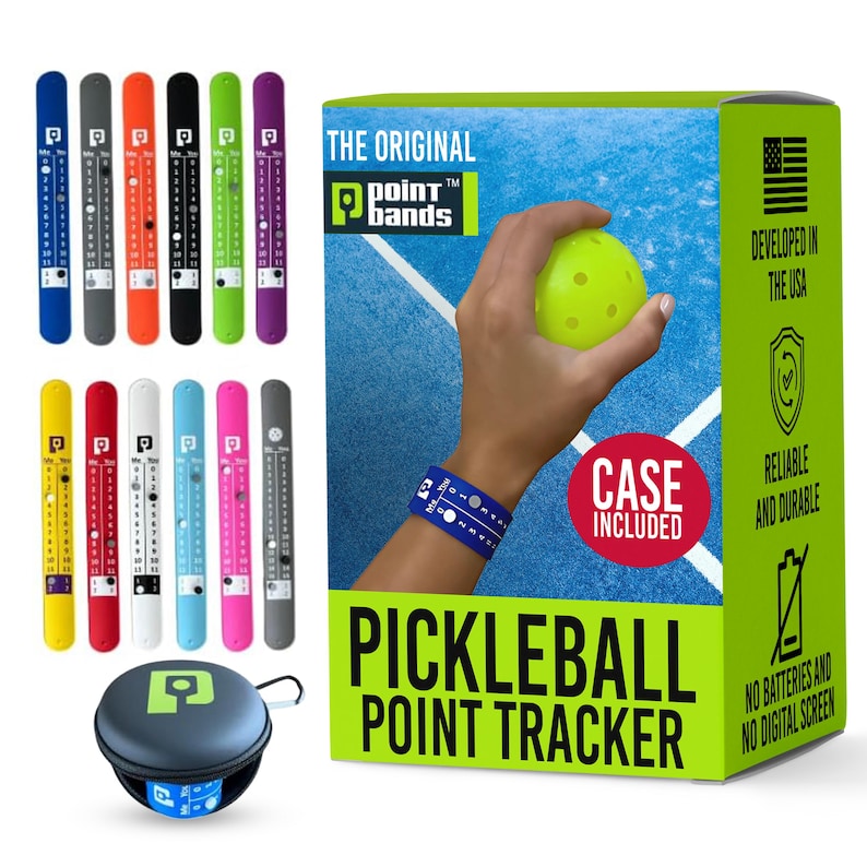 Pode incluir: A imagem mostra um conjunto de rastreadores de pontos de pickleball. O conjunto inclui uma variedade de faixas de pontos coloridas, uma mala de transporte e uma caixa. A caixa apresenta o texto "Pickelball Point Tracker" e "Case Included". As faixas s&atilde;o de v&aacute;rias cores.