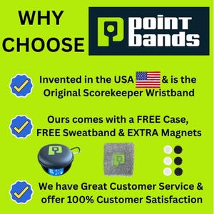 Pode incluir: Imagem com texto: "WHY CHOOSE Point Bands." Inclui uma pulseira, estojo, faixa de suor e &iacute;m&atilde;s. O texto afirma que o produto foi inventado nos EUA e &eacute; a pulseira original para marcar pontos. Tamb&eacute;m inclui informa&ccedil;&otilde;es sobre atendimento ao cliente e satisfa&ccedil;&atilde;o.