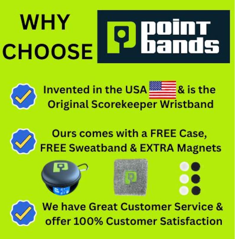 Pode incluir: Imagem com texto: "WHY CHOOSE Point Bands." Inclui uma pulseira, estojo, faixa de suor e &iacute;m&atilde;s. O texto afirma que o produto foi inventado nos EUA e &eacute; a pulseira original para marcar pontos. Tamb&eacute;m inclui informa&ccedil;&otilde;es sobre atendimento ao cliente e satisfa&ccedil;&atilde;o.