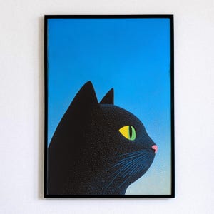 Starry schwarze Katze Digitaldruck - Kosmische Galaxie Wandkunst, digitaler Download Poster, Katzenliebhaber Geschenk, kosmische feline Kunst mit blauem Himmelshintergrund