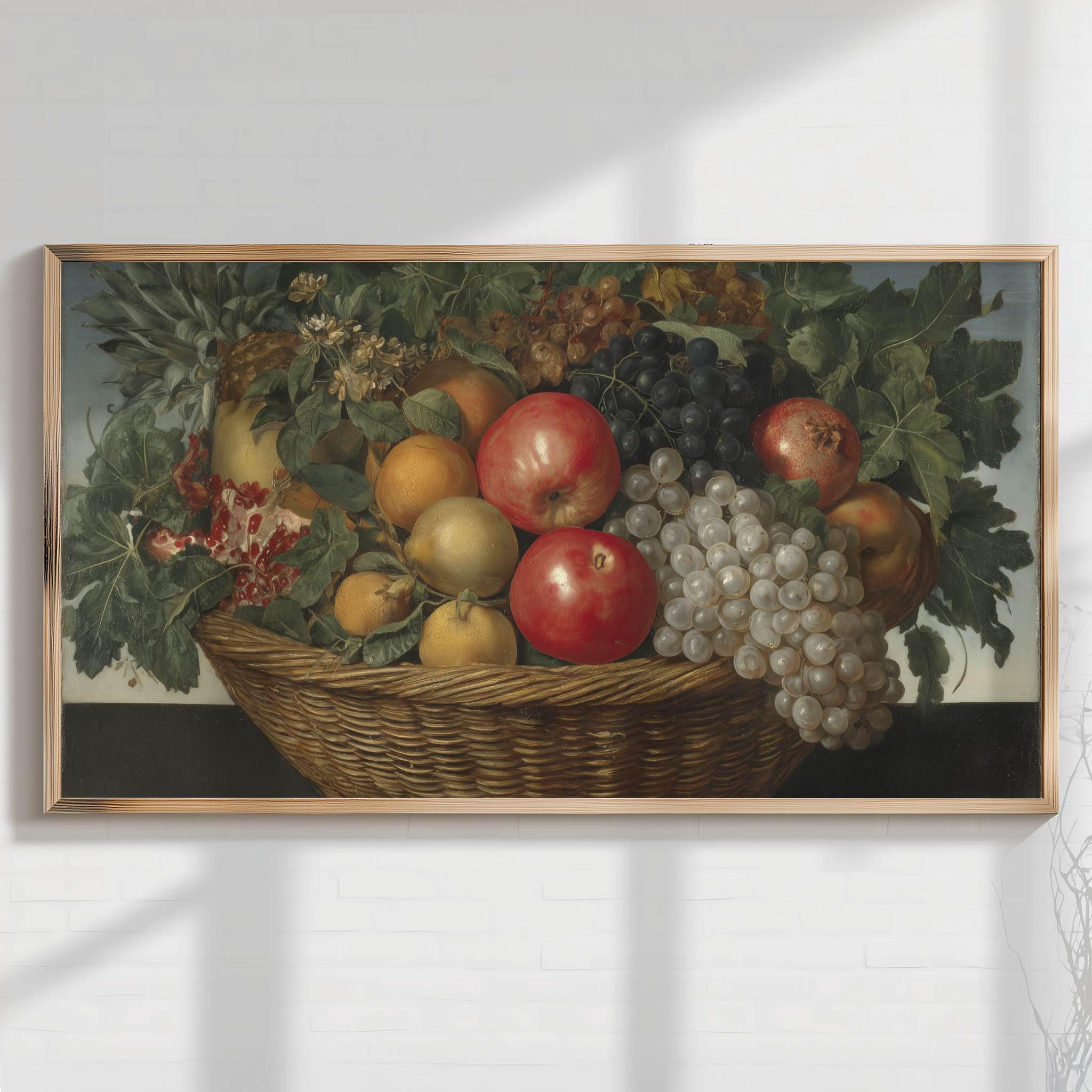 バロックフルーツバスケットの静物画：ダークアカデミアキッチンアート