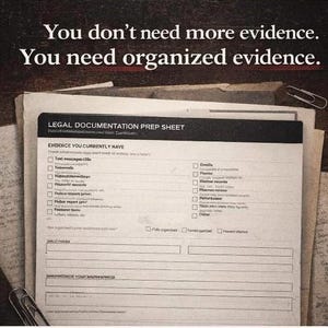 Könnte beinhalten: Ein Vorbereitungsbogen für juristische Dokumente mit dem Text "You don't need more evidence. You need organized evidence." Das Blatt enthält Kontrollkästchen und Linien zum Ausfüllen von Informationen.