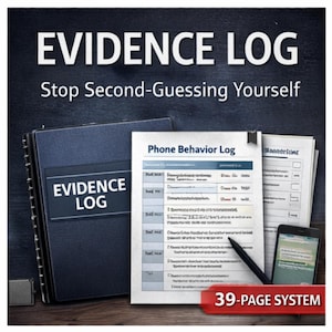 Puede incluir: Un archivador azul oscuro de Evidence Log con el texto "EVIDENCE LOG" en la portada. Junto a él, un "Phone Behavior Log" impreso con un bolígrafo y un smartphone. El texto "Stop Second-Guessing Yourself" está encima del archivador. Una pancarta roja dice "39-PAGE SYSTEM".