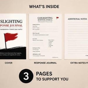 K&ouml;nnte beinhalten: Ein dreiseitiges, druckbares Gaslighting Response Journal-Set. Das Deckblatt zeigt eine rote Flagge und den Text 'Gaslighting Response Journal'. Die zweite Seite enth&auml;lt Felder f&uuml;r Vorfallzusammenfassungen und Faktenpr&uuml;fungen. Die dritte Seite ist f&uuml;r Notizen.