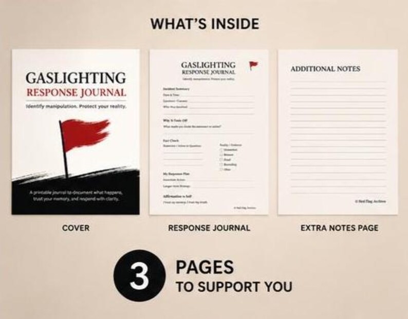 K&ouml;nnte beinhalten: Ein dreiseitiges, druckbares Gaslighting Response Journal-Set. Das Deckblatt zeigt eine rote Flagge und den Text 'Gaslighting Response Journal'. Die zweite Seite enth&auml;lt Felder f&uuml;r Vorfallzusammenfassungen und Faktenpr&uuml;fungen. Die dritte Seite ist f&uuml;r Notizen.