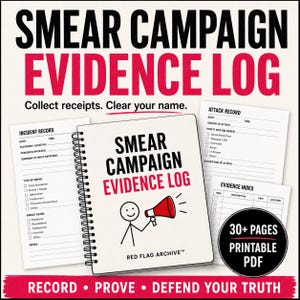 Defamation Evidence Log, Smear Campaign Tracker, Harassment Documentation Kit (Fillable PDF)